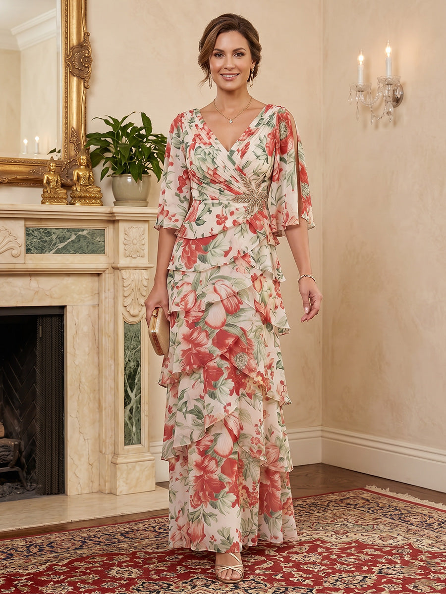 Shirees Floral Print A-Line/Princess V-Neck Floor-Length Mother of the Bride & Groom Dresses with Tiered Layers 2026