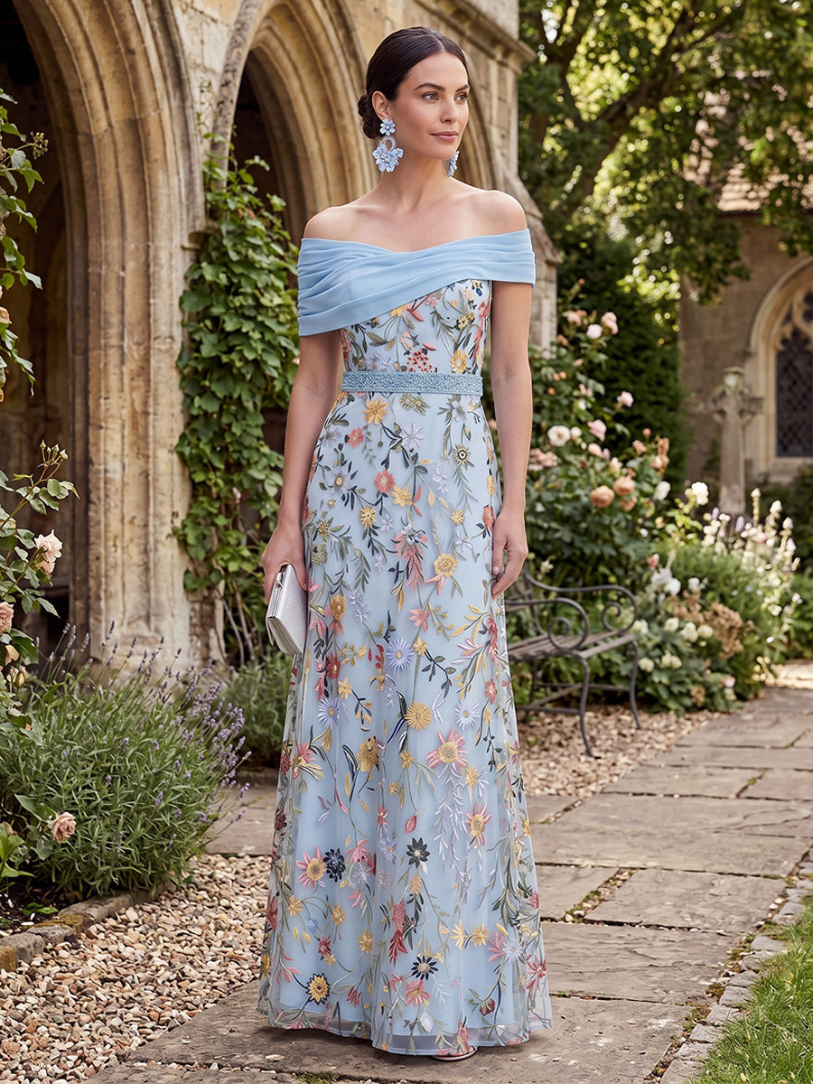 mother of the bride blue floral dress Embroidery Sheath/Column Off Shoulder Floor-Length & Groom Dresses with Ruched Bodice tweed dress SIZE:7/8Y (32) Torry Knit Maxi Dress Off Shoulder Hemline