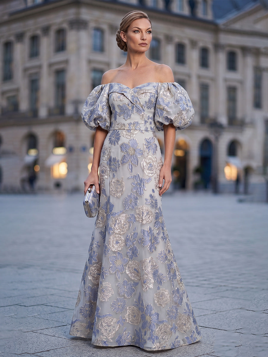 Light Blue Mother of the Bride Dresses 2026 for Elegant Women Mermaid Off-the-Shoulder Puff Short Sleeves Floor-Length Jacquard Formal Evening Gown