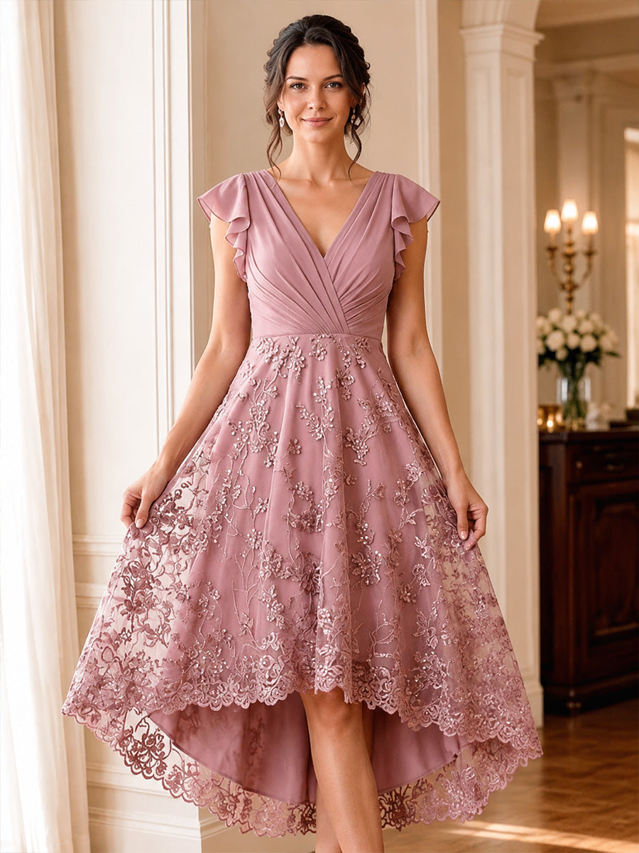 Dusty Rose Mother of the Bride Dresses 2026 for Elegant Women A‐Line V‐Neck Cap Sleeves High‐Low Ruffles Lace Beaded Ruched Chiffon Formal Cocktail