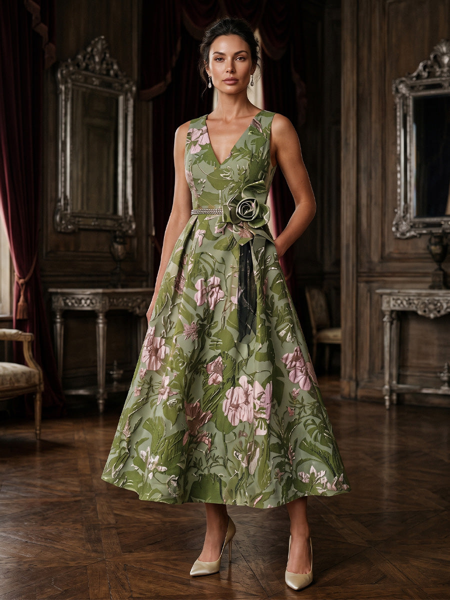 tea length mother of groom dresses Shirees Jacquard A-Line/Princess V-Neck Tea-Length the Bride & with Pockets 2026 and formal celebrations requiring Kid Size:8T Champagne Satin Bridesmaid Dress location-60898017344-outofstock