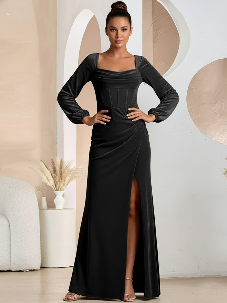 A-Line/Princess Cowl Neck Long Sleeve Floor-Length Formal Dresses with