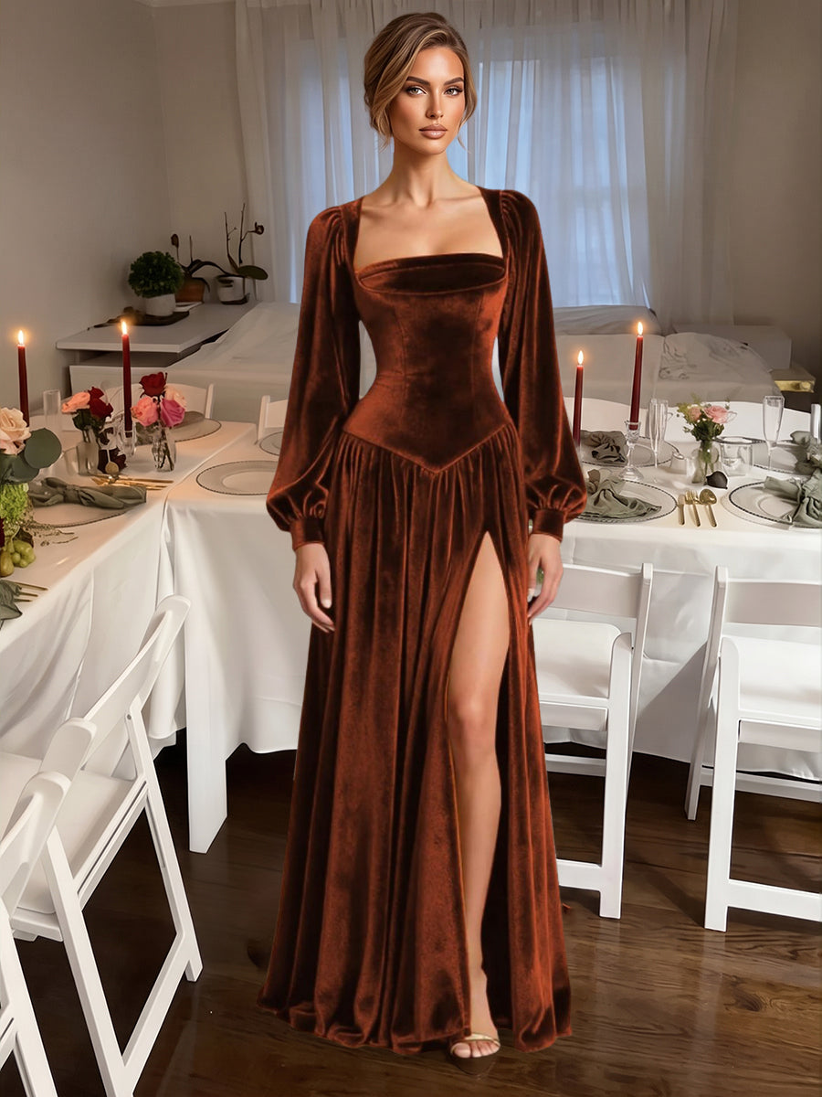 Rust Formal Evening Dresses 2026 for Elegant Women A‐Line Square Neck Long Sleeves Floor‐Length Slit Corset Ruched Velvet Wedding Guest Gown