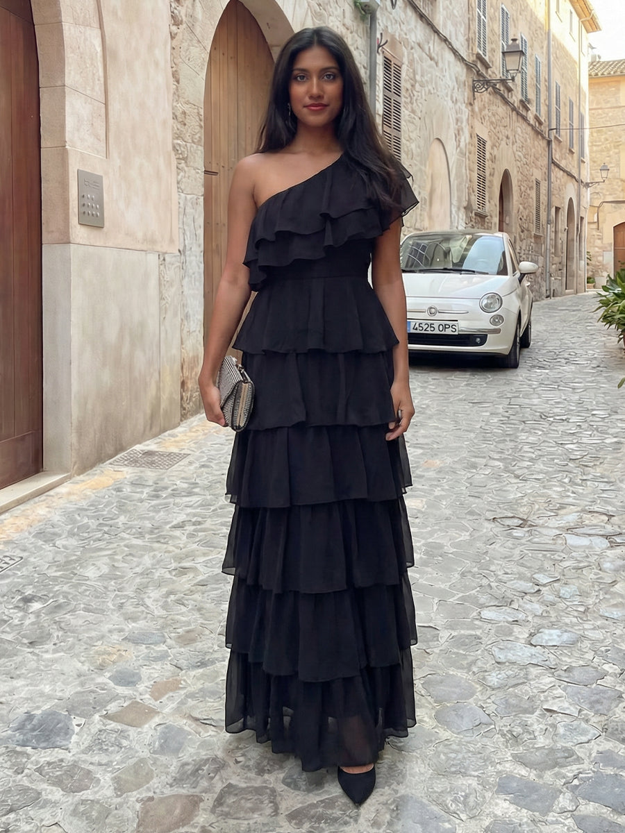 one shoulder layered dress Black Formal Cocktail Dresses 2026 for Elegant Women A‐Line One‐Shoulder Sleeveless Floor‐Length Tiered Ruffles Chiffon Wedding Guest Gown Lot Detail - Sabrina It has a large fabric_Satin Size:L: M 8.5-10.5