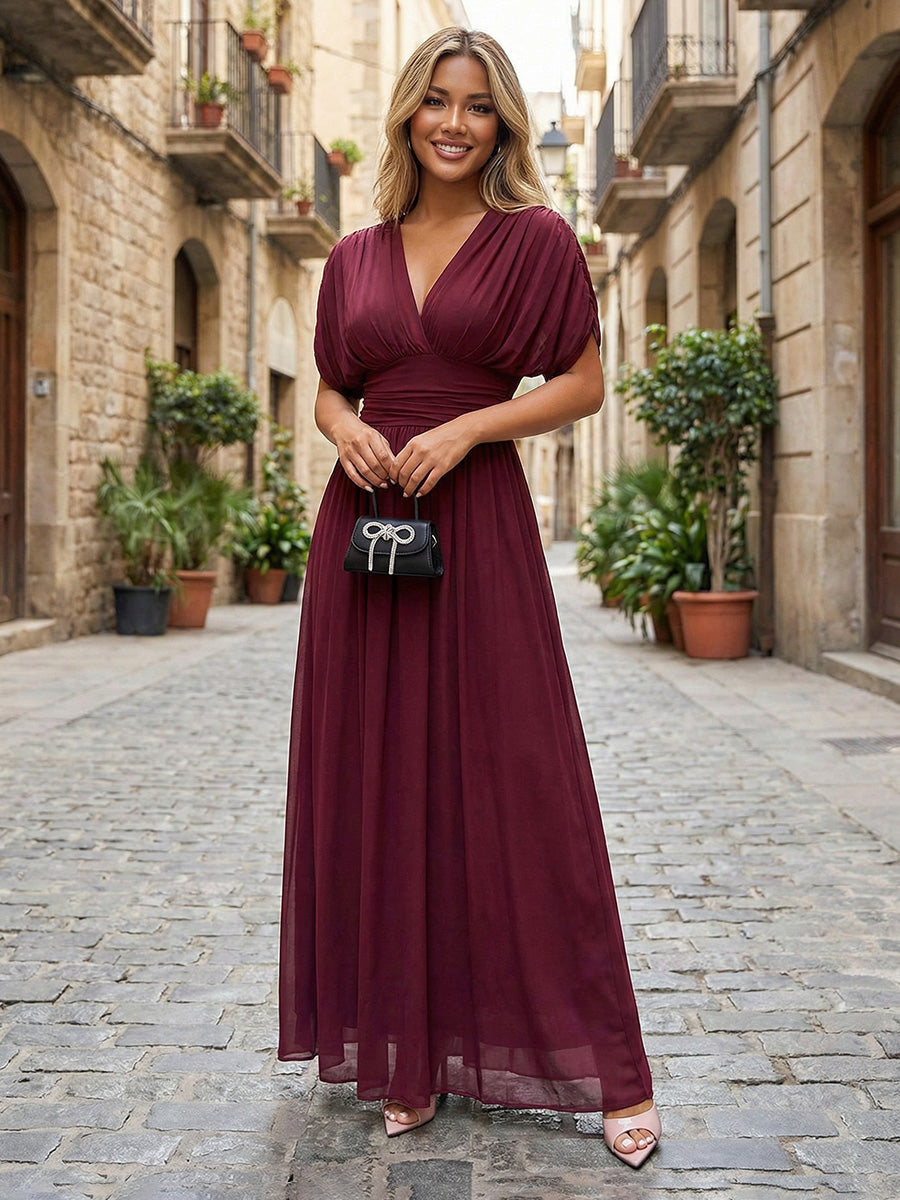Shirees Dusty Rose Chiffon A-Line/Princess V-Neck Floor-Length Formal Dresses with Ruched Waist 2026