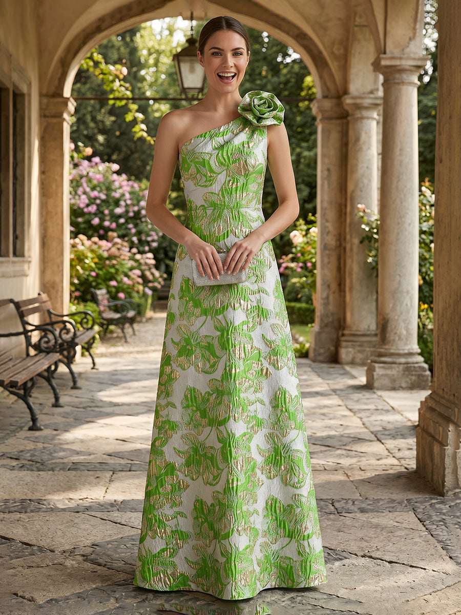 Jacquard Formal Evening Dresses 2026 for Elegant Women A‐Line One‐Shoulder Sleeveless Floor‐Length Wedding Guest Gown with 3D Flower
