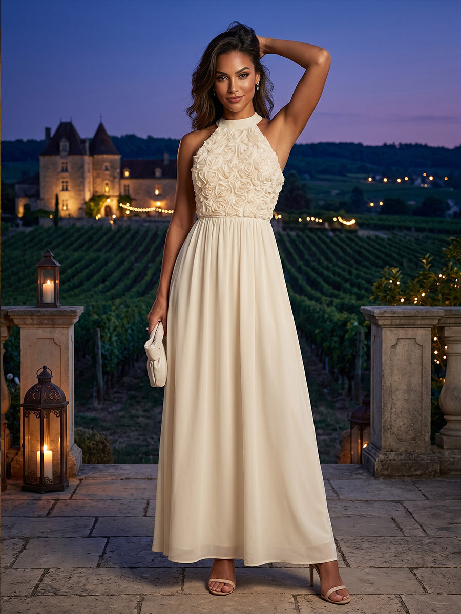 Chiffon A-Line/Princess Halter Floor-Length Formal Dresses with Pleats