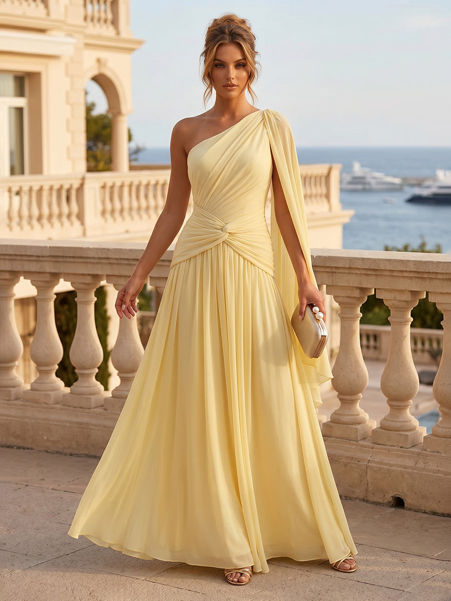 Yellow Formal Evening Dresses 2026 for Elegant Women A-Line One Shoulder Sleeveless Floor-Length Twist Ruched Chiffon Wedding Guest Gown