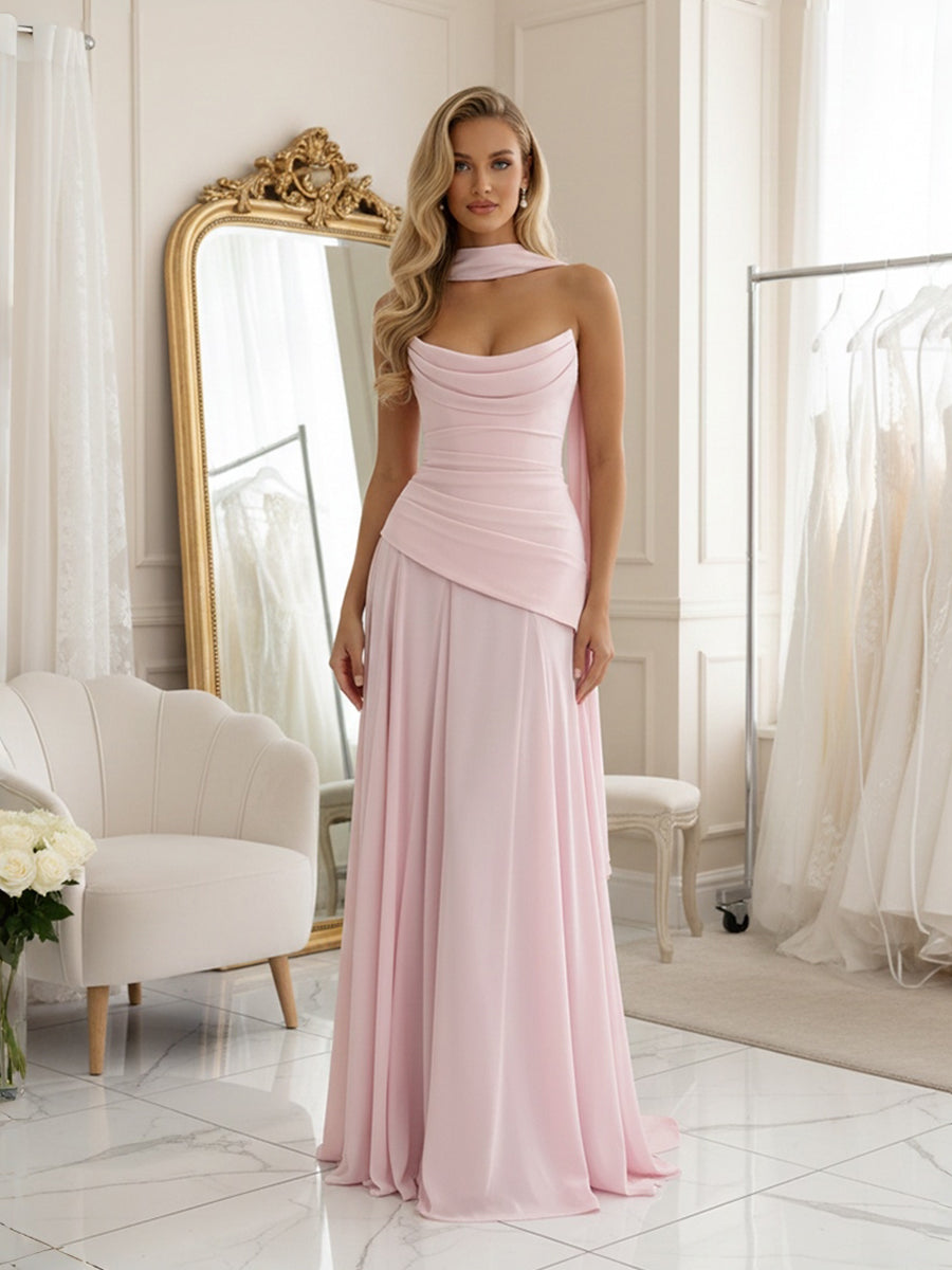 Blush Pink Formal Evening Dresses 2026 for Elegant Women A‐Line Strapless Sleeveless Floor‐Length Ruched Chiffon Wedding Guest Gown with Scarf