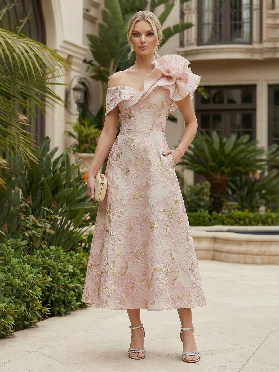 glamorous cocktail dresses Shirees A-Line/Princess Elegant Off Shoulder Jacquard Tea-Length Flower 2026 Satin Asos Blue Bridesmaid Draped Off backinstockJan26 Style:Wig Only