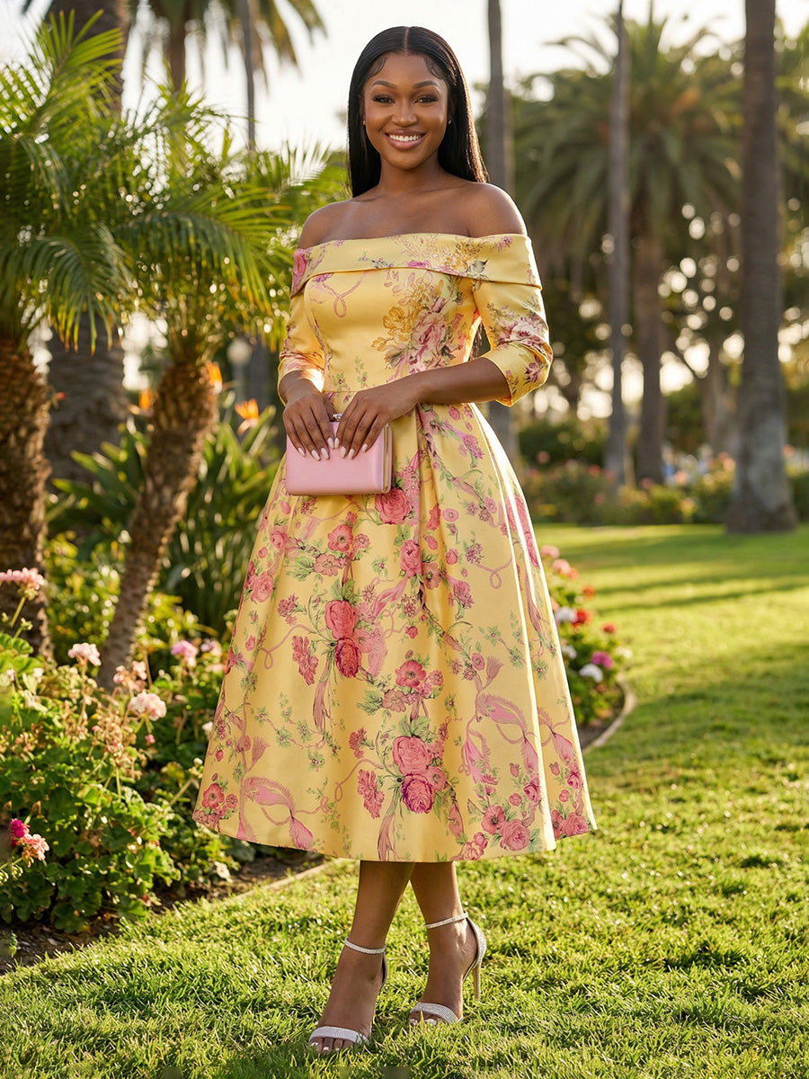 Off-the-Shoulder Formal Cocktail Party Gowns 2026 for Women Elegant Yellow Floral Print 3/4 Sleeve A-Line Midi Wedding Guest Dress