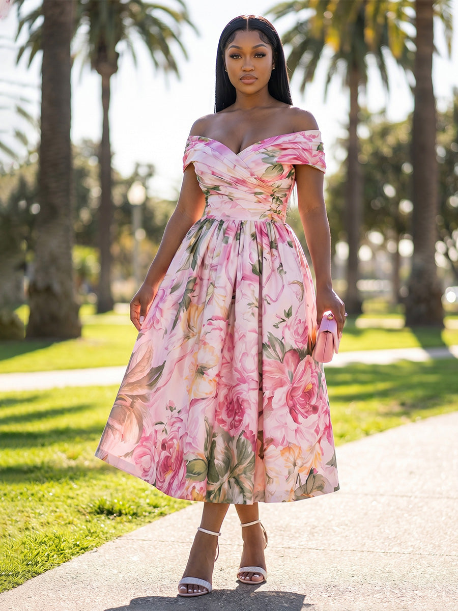 Floral Print Formal Cocktail Party Gowns Pink 2026 for Women Elegant A-Line Midi Wedding Guest Dress