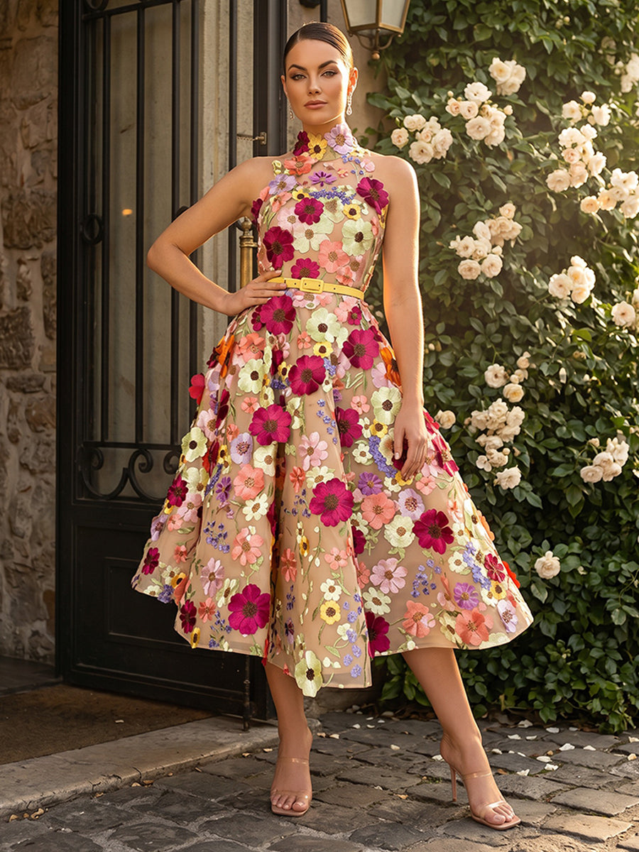 Lace Appliques A-Line/Princess High Neck Tea-Length Cocktail Dresses with Belt