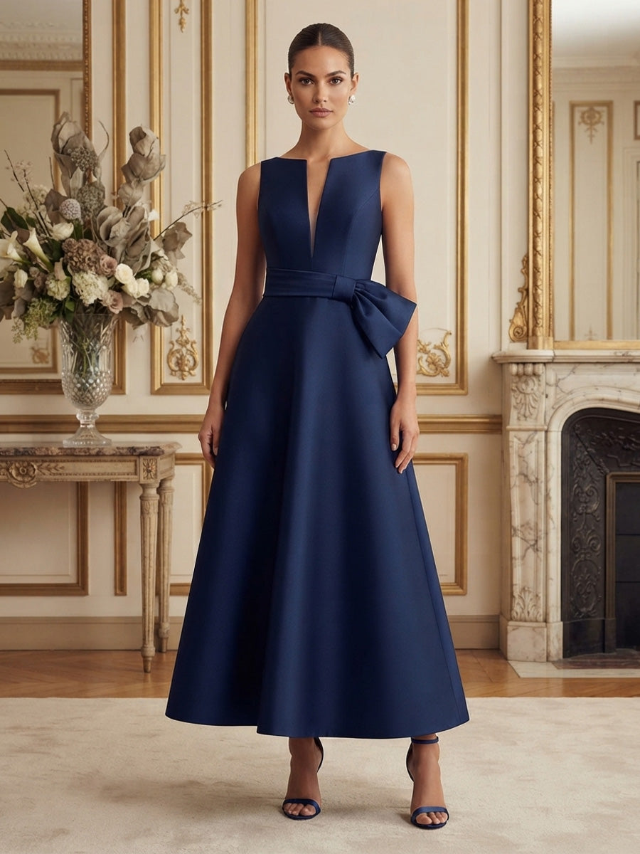 Satin A-Line/Princess V-Neck Tea-Length Cocktail Dresses with Belt