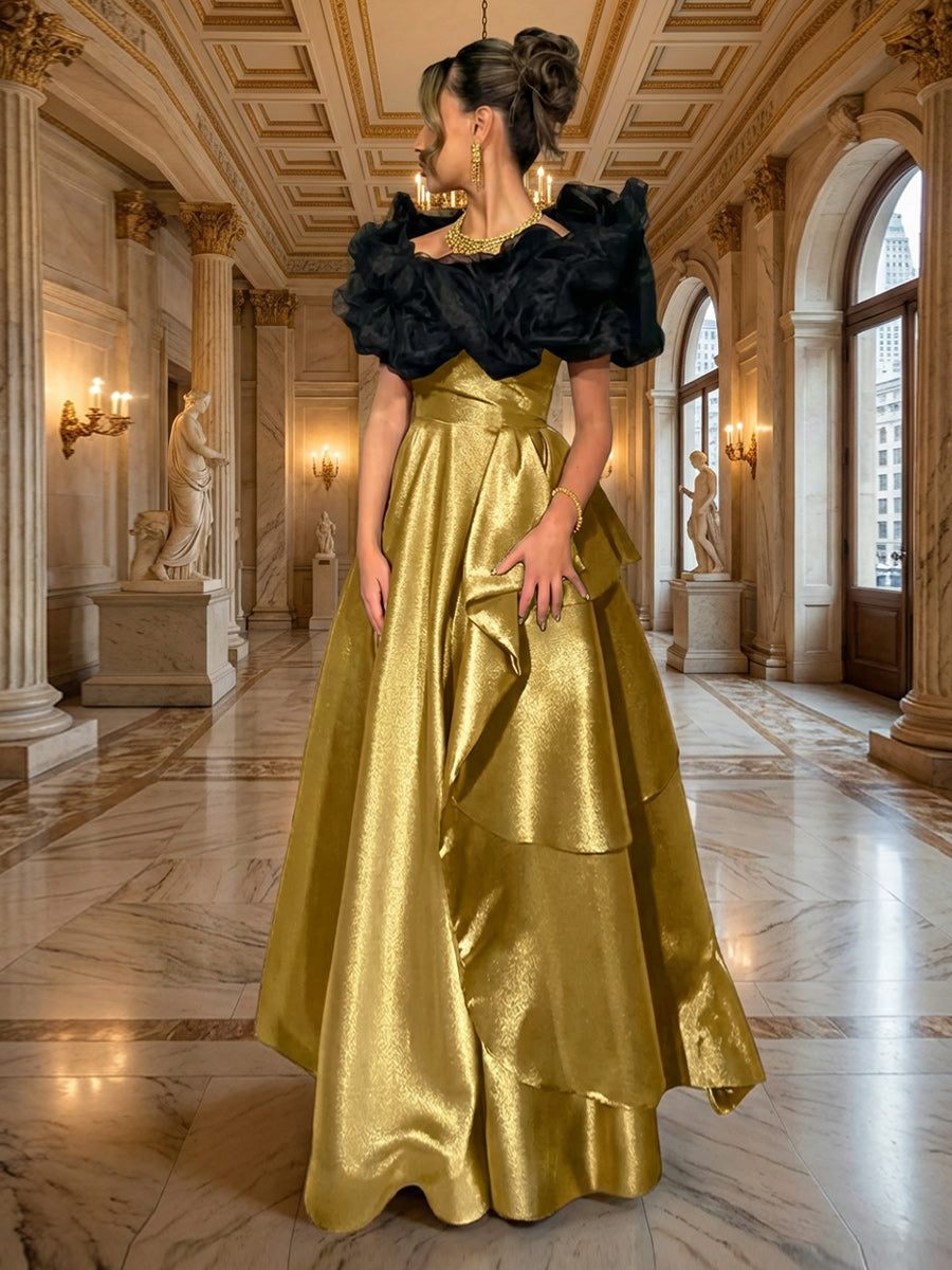 Satin Off Shoulder Puffy Sleeve A-Line Floor-Length Evening Dresses