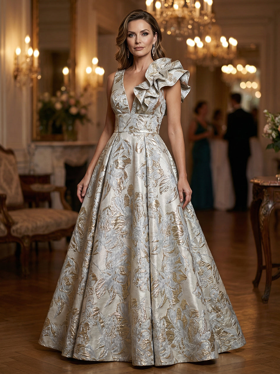 Floral Jacquard A-Line V-Neck Long Evening Dresses with Ruffle Appliqu –  Shirees