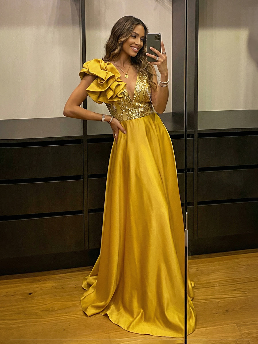A-Line Satin Ruffle Sleeve Evening Dresses Maxi Formal Gowns with Sequ – Shirees