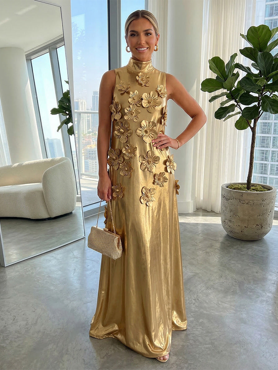 2026 Gold Evening Formal Dresses with 3D Floral A-Line Metallic Satin High Neck Maxi Floor-Length Wedding Guest Dresses