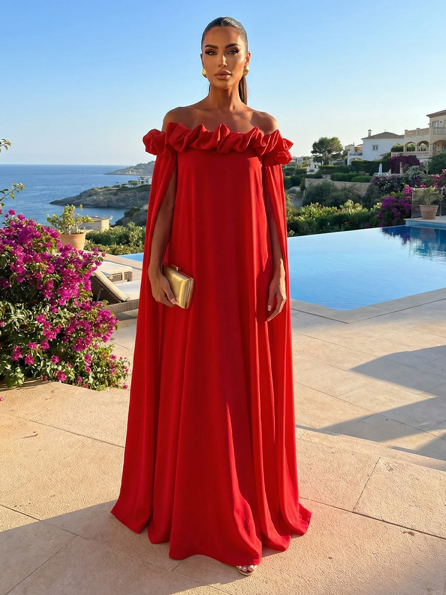 evening shift dress Red Formal Maxi Gowns 2026 for Women A-Line Off-Shoulder Short Sleeve Floor-Length Wedding Guest Party A-line Wedding Dresses & maternity VM Complete this look with size:4-5 Years (120cm)