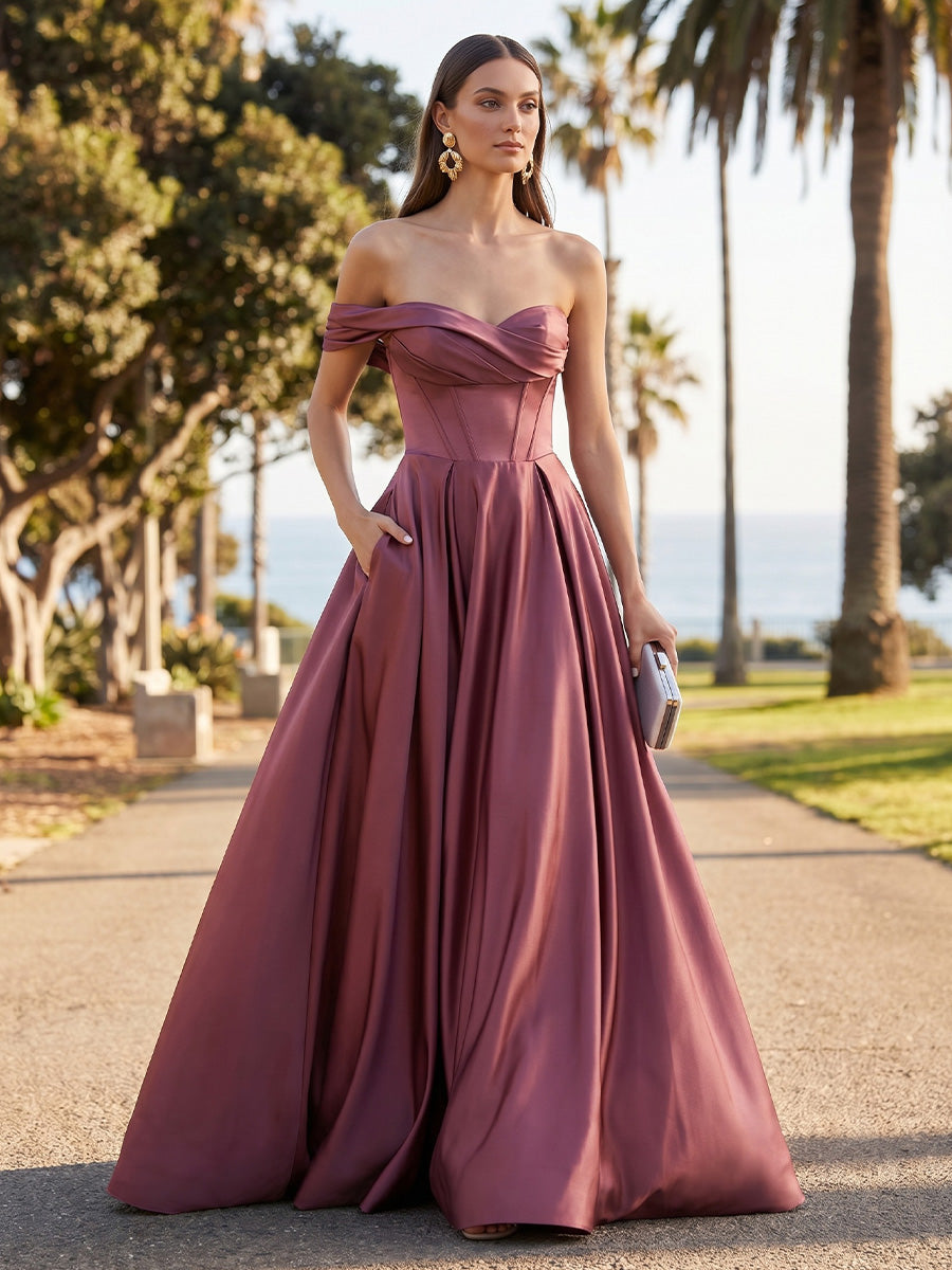 Dusty Rose Formal Evening Maxi Dresses 2026 for Women A-Line Off Shoulder Sleeveless Floor-Length Wedding Guest Gow