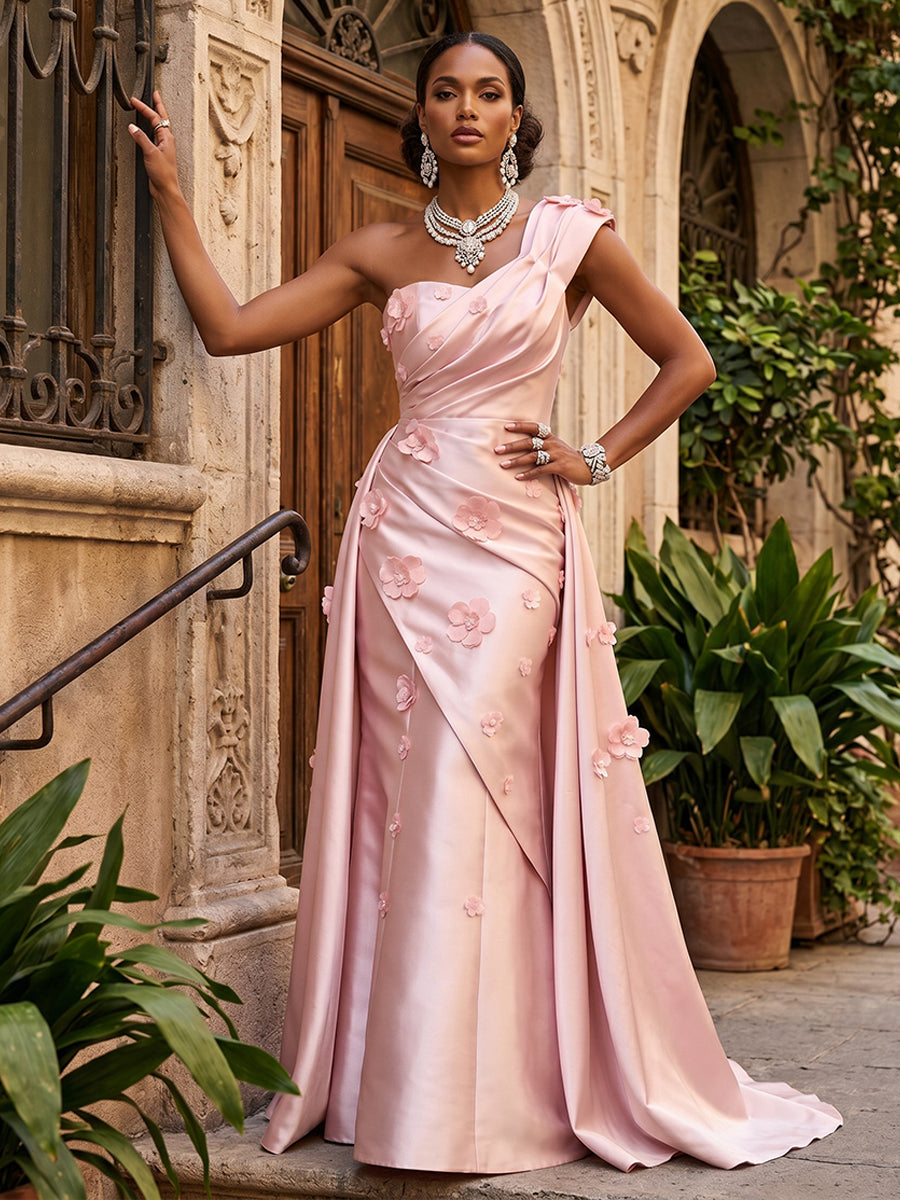 evening dresses with flowers Shirees Satin A-Line/Princess One Shoulder Floor-Length 3D & Ruched Waist 2026 PROMO Amanda Uprichard X Revolve 100% polyester Sleeves style Color:Dots