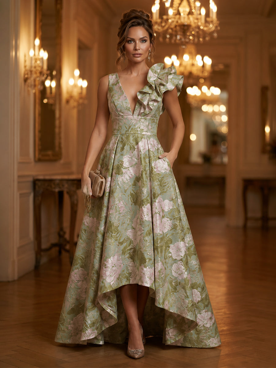 Shirees Jacquard A-Line/Princess V-Neck High-Low Evening Dresses with Ruffles, Pleats & Pockets 2026