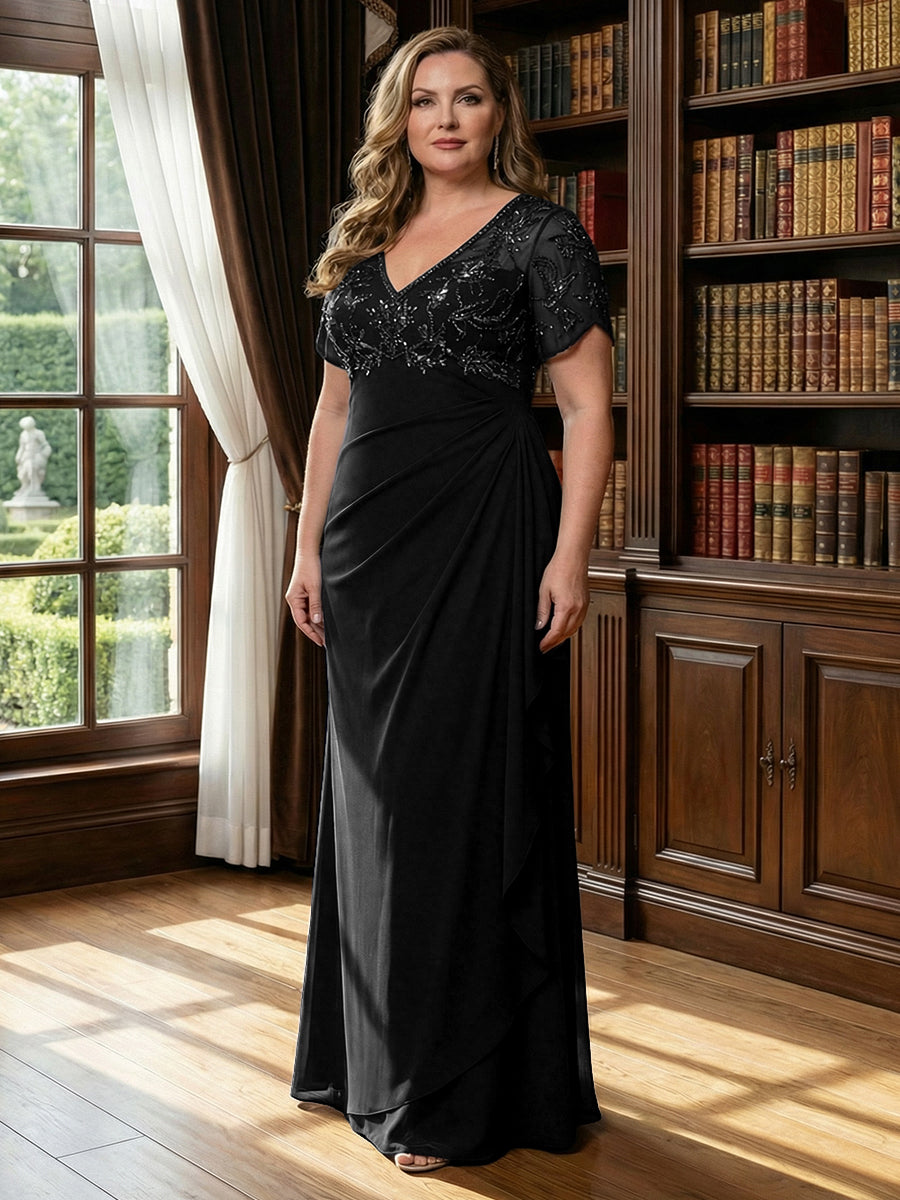 plus size a line mother of the bride dresses Black 2026 for Women Sheath V-Neck Short Sleeve Floor Length Guest Formal Evening Gowns bridal showers Primary Color:Black Homecoming Dresses Princess Polly Luxury Golf Belt