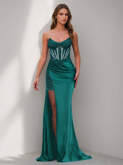 Trumpet/Mermaid Strapless Sleeveless Long Evening Dresses with Beading & Appliques