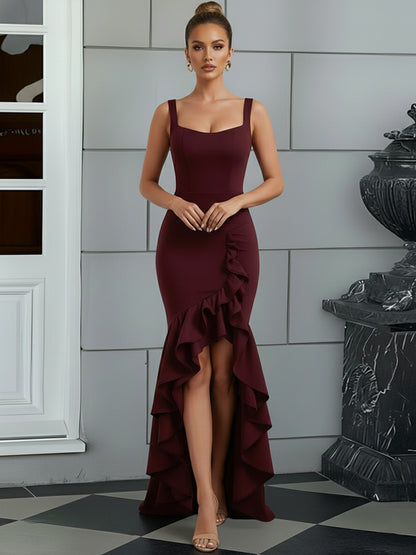 Bodycon Spaghetti Strap Maxi Prom Dresses with Ruffle Slit