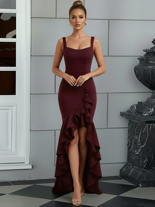 Bodycon Spaghetti Strap Maxi Prom Dresses with Ruffle Slit