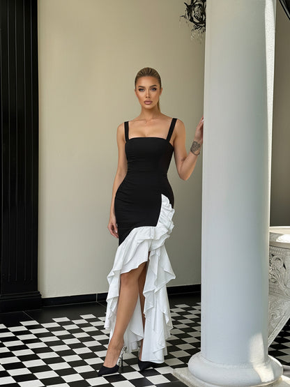 Bodycon Spaghetti Strap Maxi Prom Dresses with Ruffle Slit