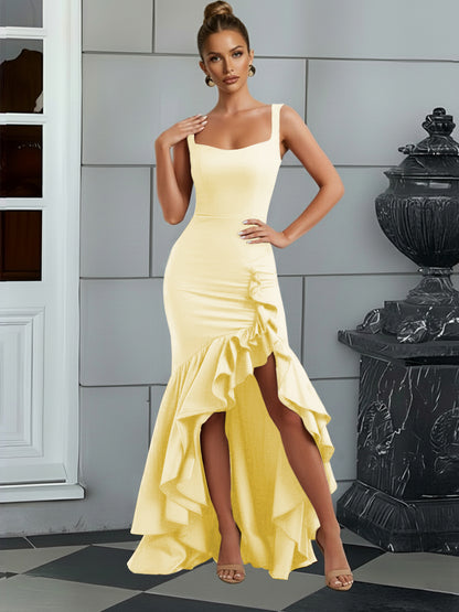 Bodycon Spaghetti Strap Maxi Prom Dresses with Ruffle Slit