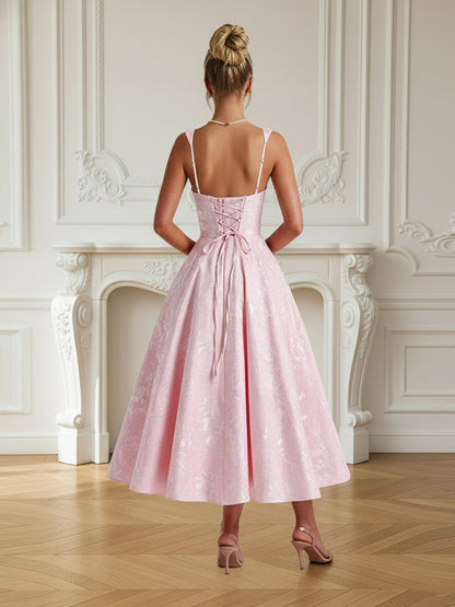 Vintage Spaghetti Strap Midi Prom Dresses with Floral Jacquard