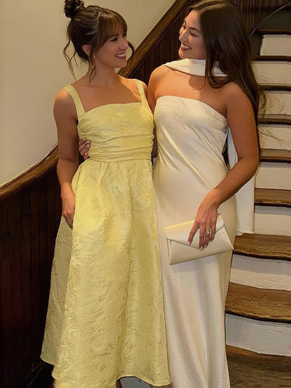 Vintage Spaghetti Strap Midi Prom Dresses with Floral Jacquard