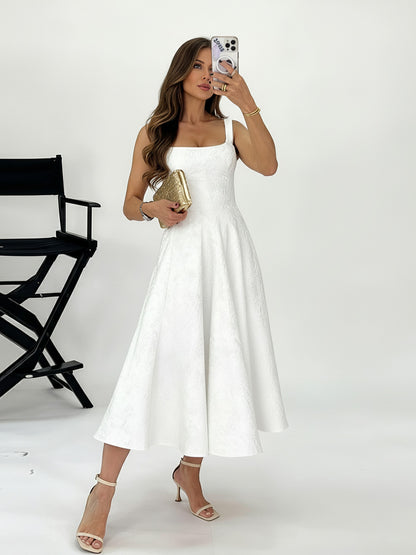 Vintage Spaghetti Strap Midi Prom Dresses with Floral Jacquard