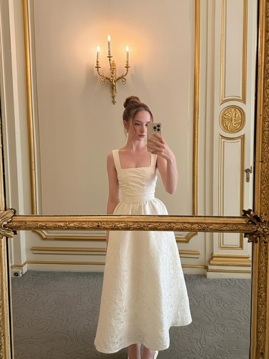 Vintage Spaghetti Strap Midi Prom Dresses with Floral Jacquard