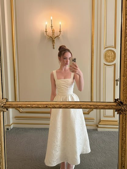 Vintage Spaghetti Strap Midi Prom Dresses with Floral Jacquard