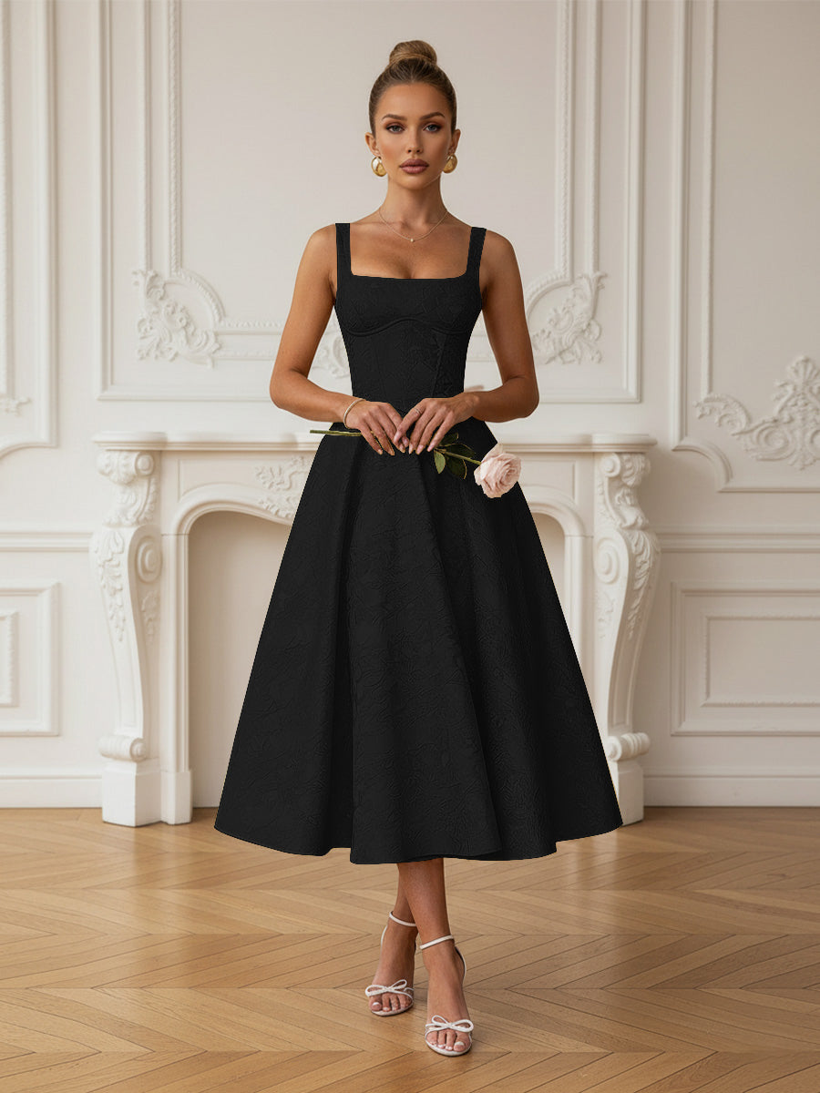 Vintage Spaghetti Strap Midi Prom Dresses with Floral Jacquard