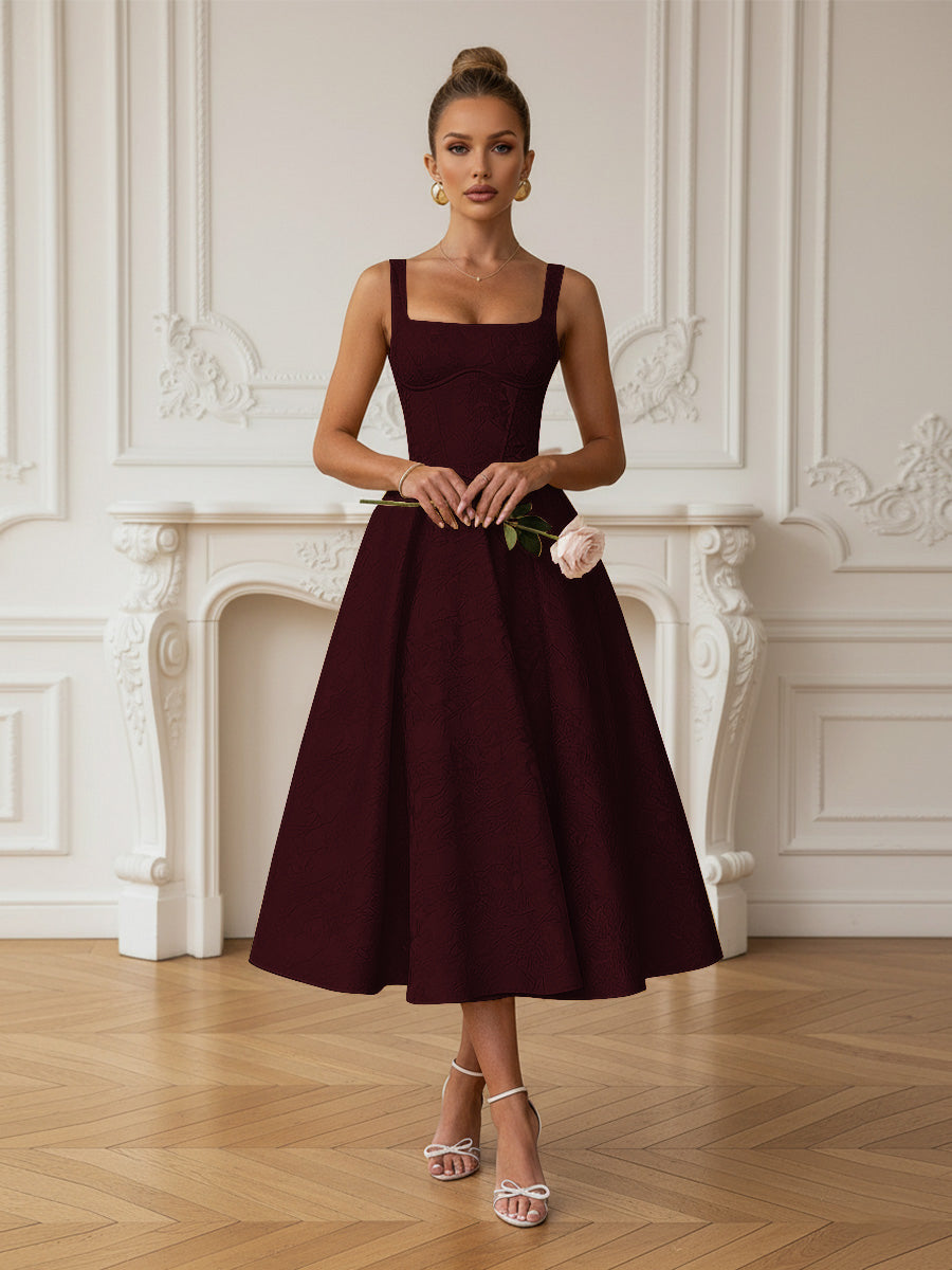 Vintage Spaghetti Strap Midi Prom Dresses with Floral Jacquard