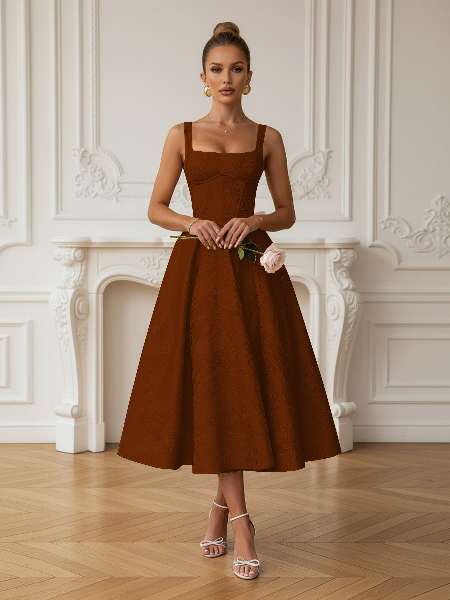 Vintage Spaghetti Strap Midi Prom Dresses with Floral Jacquard