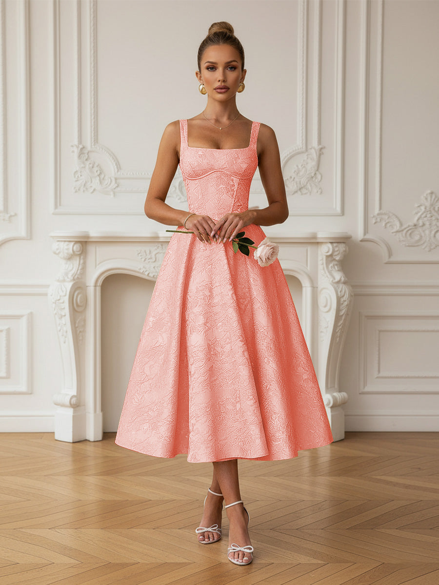 Vintage Spaghetti Strap Midi Prom Dresses with Floral Jacquard