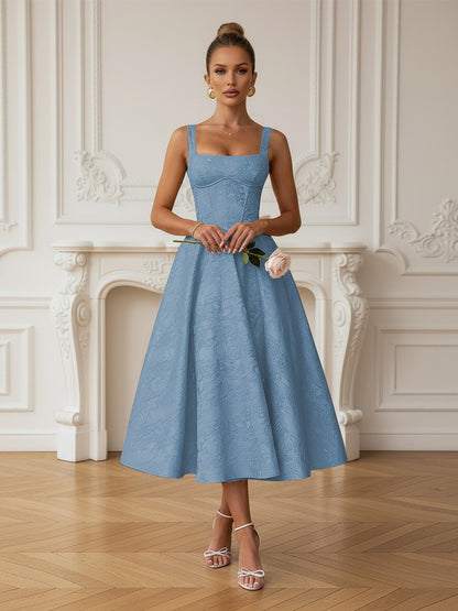 Vintage Spaghetti Strap Midi Prom Dresses with Floral Jacquard