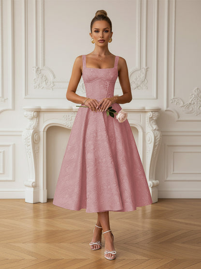 Vintage Spaghetti Strap Midi Prom Dresses with Floral Jacquard