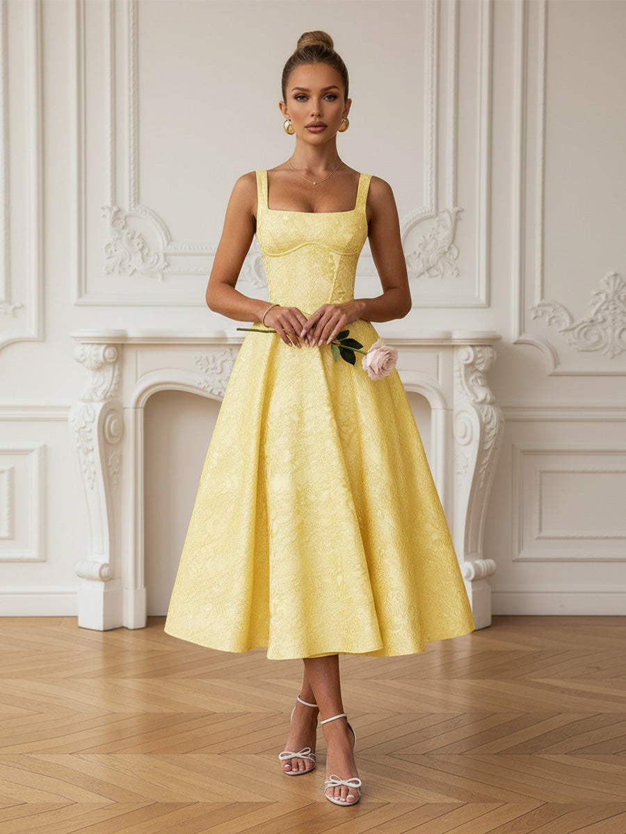 Vintage Spaghetti Strap Midi Prom Dresses with Floral Jacquard