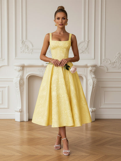 Vintage Spaghetti Strap Midi Prom Dresses with Floral Jacquard