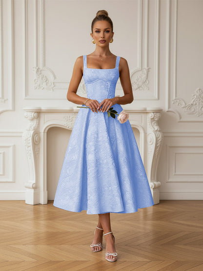 Vintage Spaghetti Strap Midi Prom Dresses with Floral Jacquard