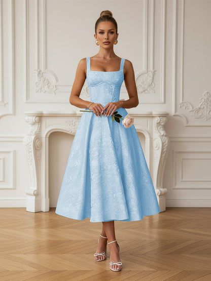 Vintage Spaghetti Strap Midi Prom Dresses with Floral Jacquard