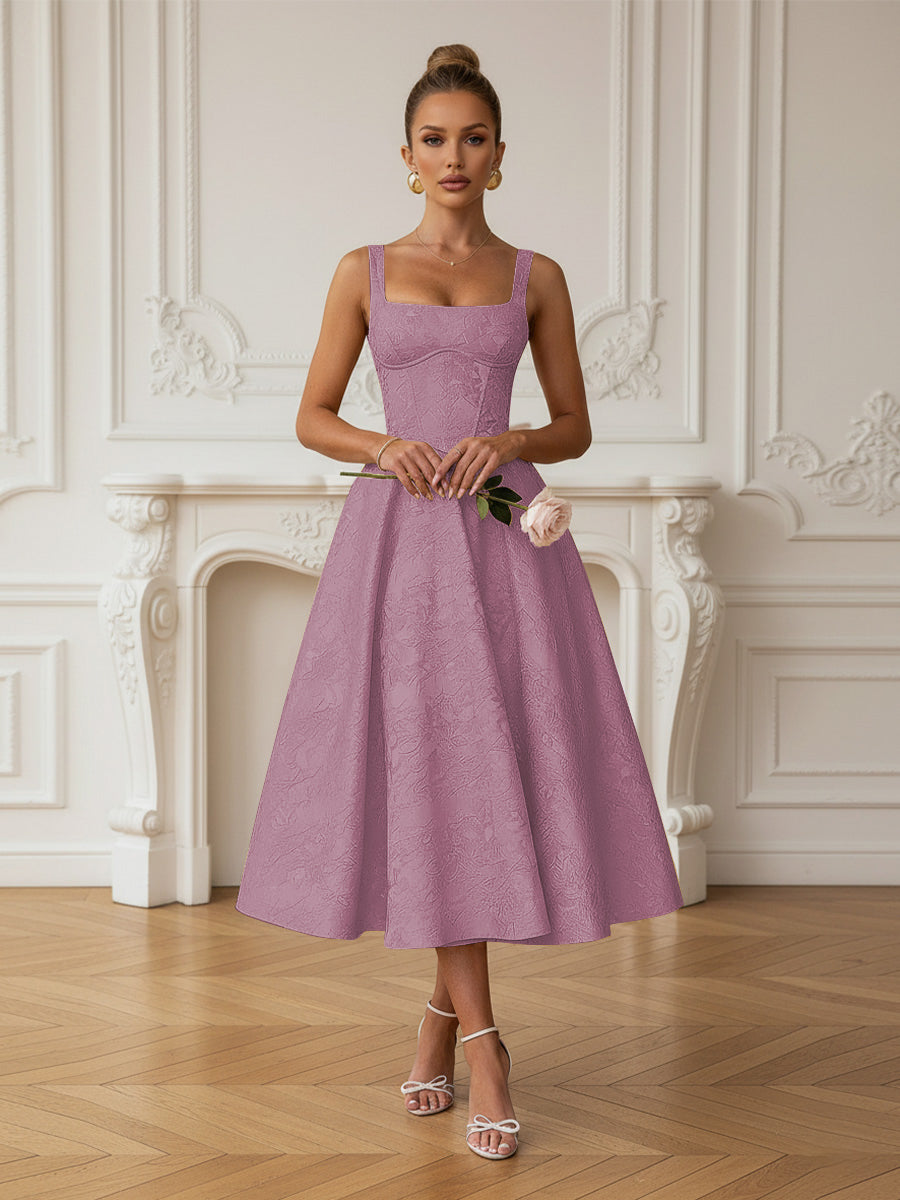 Vintage Spaghetti Strap Midi Prom Dresses with Floral Jacquard