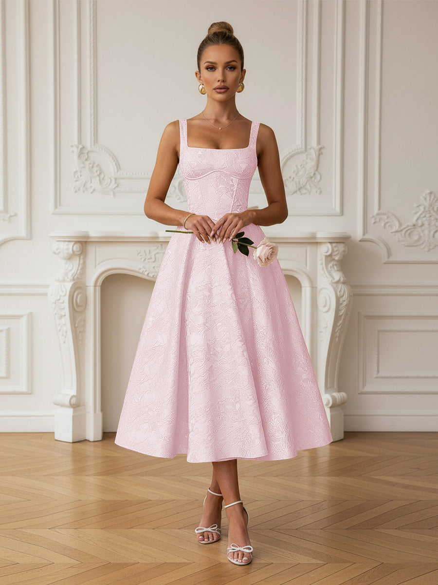 Vintage Spaghetti Strap Midi Prom Dresses with Floral Jacquard