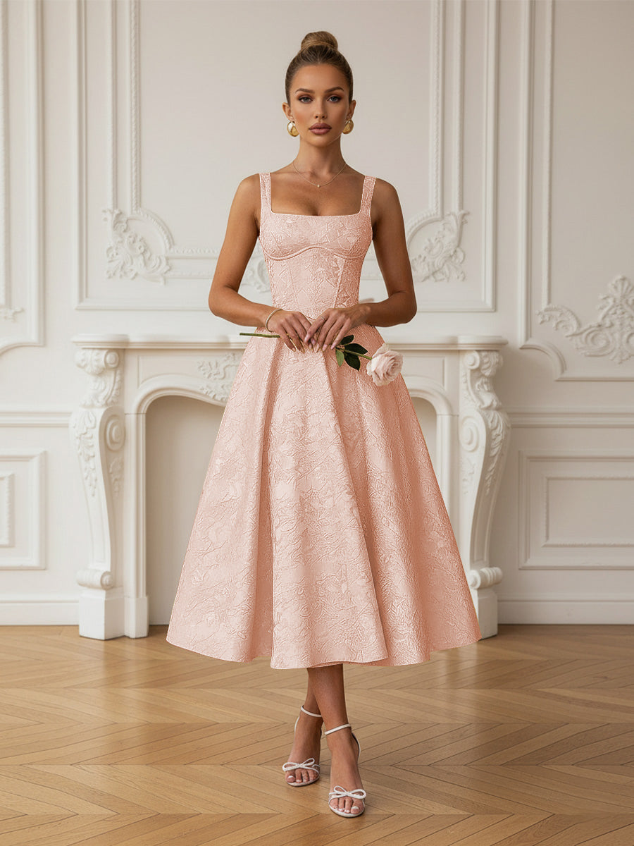 Vintage Spaghetti Strap Midi Prom Dresses with Floral Jacquard